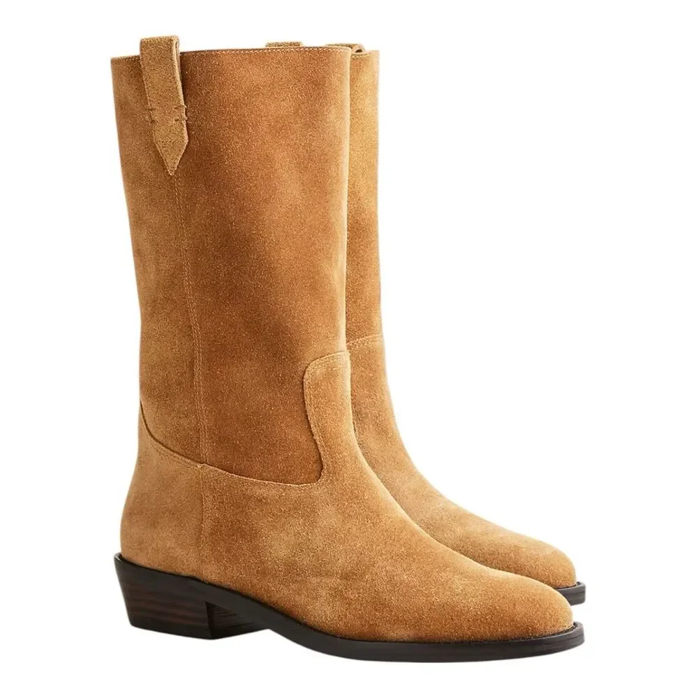 J Crew Tan Suede Mid Calf Pull On Western Boots‎ Leather Luxury Womens 7